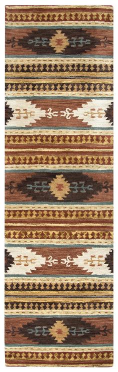 an area rug with multicolored stripes and designs on the bottom, in various colors