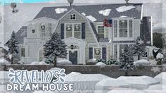 a drawing of a house with snow on the ground and an american flag flying in front of it