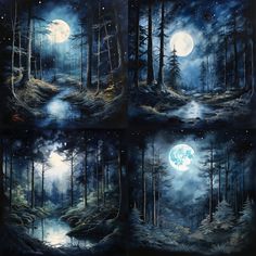 four different views of the night sky with trees, moon and water in it's foreground