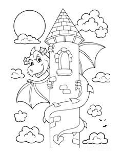 a coloring page with a dragon holding the letter e in it's hands and flying around