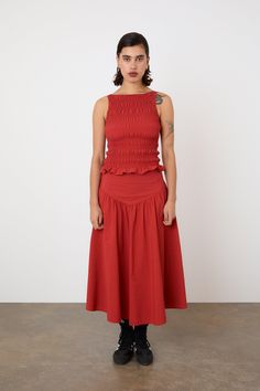 The Deba Top, Tomato – Peachy Den Top With Peplum, Peachy Den, Feminine Silhouette, Peplum Hem, Half Circle, Circle Skirt, British Indian, Trinidad And Tobago, V Shape