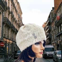 "I Designed and Hand Knitted this Slouch, Hat, Beanie, Cap. Ultra Soft, Luxurious feel, Warm Off White color in Mohair style. Top of the hat has a small silver flower . Right side of the Hat has 3 Decorative Silver Buttons. Right side of and top of that hat silver decorative buttons. Cozy, Warm, Roomy & Very Chic! Designed and Hand Knitted in California, USA. See All of My Original Design Four Seasons Trendy Fine Hand Knits listed in My Etsy Shop: \"Hand Knits 2 Love\" : Etsy.com/shop/handknits2 Evening Hat, Fuzzy Bucket Hat, Wool Cloche Hat, Chemo Gifts, Hand Knits, Faux Fur Bucket Hat, Fleece Headbands, Ear Warmer Headband, Wide Brim Sun Hat