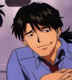 an anime character with black hair wearing a blue shirt and red tie