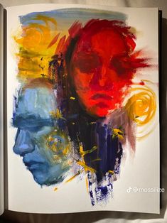 an abstract painting with multiple colors and shapes on it's face, as well as the image of a woman's head