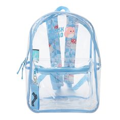 Whether you’re headed to work, or a day of fun, do so with this Squishmallows clear backpack! Made of clear PVC, this backpack has been custom designed to feature a colorful collage of your favorite squishy characters. Measuring 16.5 inches in height, this backpack is the perfect size for carrying your most important essentials comfortably. The metal top zipper ensures easy access to the spacious main compartment, where you’ll find a removable zipper pouch ideal for storing your most valuable po Trendy Clear Backpack For School, Trendy School Backpack With Clear Strap, Clear Backpack With Clear Strap For Students, Trendy Clear Backpack For Back To School, Clear Backpack For Daily Use And Back To School, Back To School Backpack With Transparent Straps, Clear Standard Backpack For Students, Student Clear Standard Backpack, Clear Backpack For Back To School