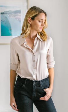 Monaco Silk Blouse - 100% Silk Button-Up Shirt | Ravella Luxury Silkwear Headshot Styling, Silk Slip Skirt, Cashmere Winter Scarf, Silk Pjs, Classy Blouses, Satin Bluse, Silk Tee, Silk Blouses, Cashmere Pants