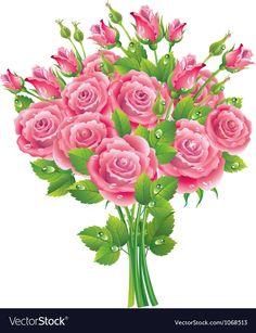 a bouquet of pink roses with green leaves