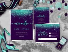 wedding stationery with purple and teal hues, including the bride's shoes