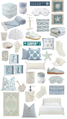 a collage of blue and white items