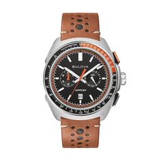 Built on Bulova’s vibrant history in motorsport, this chronograph Racer watch is fine-tuned and designed for performance. The black dial features luminous silver-toned hands and markers, orange accents, two textured sub-dials, a date display, and a racing pattern chapter ring 42.0mm contoured stainless steel case, inspired by the aerodynamic curves of the world’s fastest automobiles Anti-reflective sapphire crystal; aluminum bezel with an orange and black tachymeter ring Japanese quartz movement Classic Outdoor Chronograph Watch With Tachymeter, Luxury Chronograph Watch With Stopwatch, Black Racing Style Automatic Chronograph Watch, Racing Style Chronograph Watch For Motorsport Events, Racing Style Black Watches With Analog Display, Black Racing Watch With Analog Display, Brown Leather Strap Watch, Peoples Jewellers, Engagement Ring Shapes