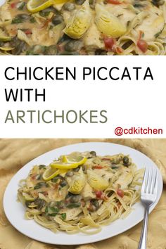 chicken piccata with artichokes on a plate next to a fork