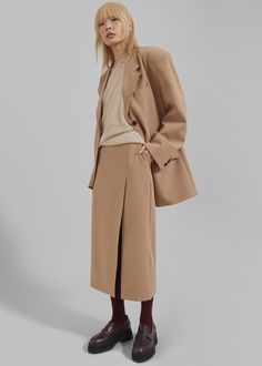 Cordelia Midi Slit Skirt - Camel The Row Skirt, Camel Skirt Outfit, Beige Skirt, Classic Trousers, The Frankie Shop, Frankie Shop, Pocket Belt, Capped Sleeve Dress, Oversized Blazer