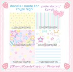 a pink and white poster with stars on it's sides, including the words decals i made for royal high kawaii