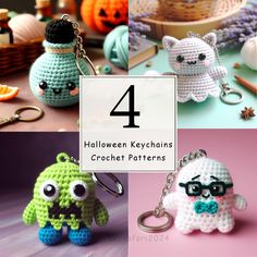 four different crocheted keychains with the words 4 halloween keychains