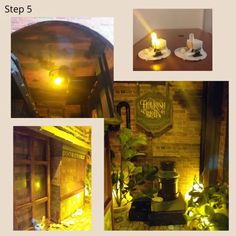 four different pictures show the interior of a restaurant with lights on and plants in pots