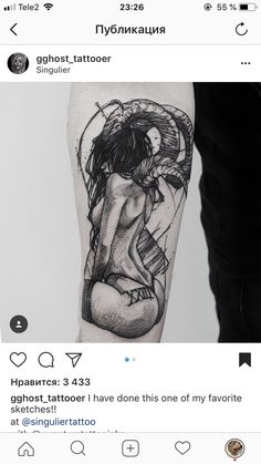 a person with a black and white tattoo on their arm, next to an instagramt