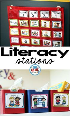 a red and blue bulletin board with the words library station on it, and an image of