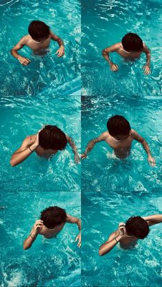 multiple shots of a man swimming in a pool with his hands on his head and arms out to the side