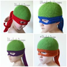 four pictures of different types of crocheted hats