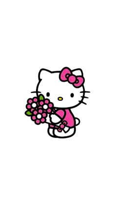 a hello kitty holding a bouquet of flowers