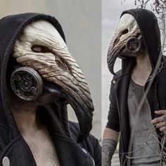 two images of a man wearing a mask and jacket