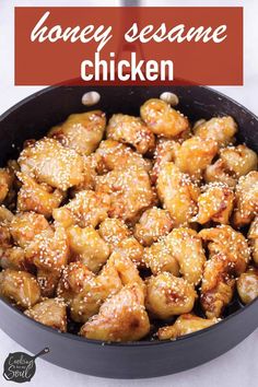 honey sesame chicken in a skillet with text overlay