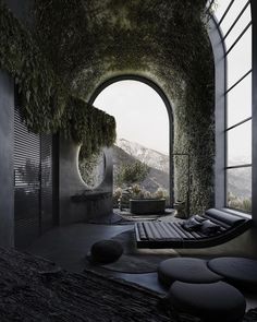 an indoor lounge area with plants growing on the walls