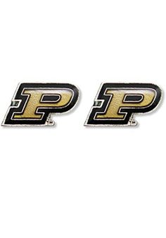 two black and gold logo pins with the letter p on them, both in different colors