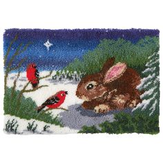 a door mat with a rabbit and birds on it