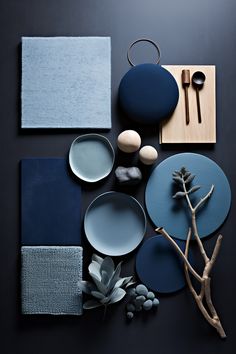 the table is set with blue and gray plates, napkins, silverware, and succulents