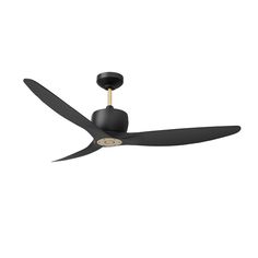 a black ceiling fan with a light on it's side and two blades in the middle