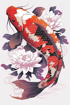 a koi fish with flowers in the background