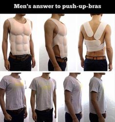 men's answer to push - up bras is shown in four different ways