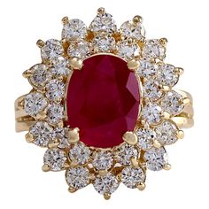 5.72 Carat Ruby 14 Karat Yellow Gold Diamond Ring Stamped: 14K Yellow Gold Total Ring Weight: 8.5 Grams Total Ruby Weight is 3.62 Carat (Measures: 10.00x8.00 mm) Color: Red Total Diamond Weight is 2.10 Carat Color: F-G, Clarity: VS2-SI1 Face Measures: 21.20x18.90 mm Sku: [702624W] Gia Certified Yellow Gold Cluster Ring, Classic Yellow Gold Gia Certified Ruby Ring, Classic Yellow Gold Ruby Ring Gia Certified, Fine Jewelry Gold Ruby Ring Gia Certified, Gia Certified 14k Gold Ruby Ring, Formal Cluster Ruby Ring Stamped 14k, Formal Gia Certified 14k Gold Ruby Ring, Dazzling Yellow Gold Ruby Ring For Formal Occasions, Dazzling Yellow Gold Ruby Ring For Formal Events