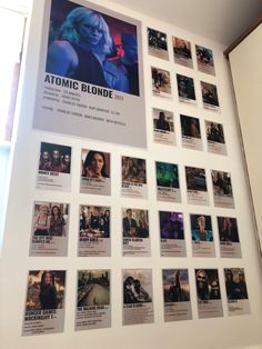 the poster on the wall is full of photos and information for atomic blonde, which includes images of famous women