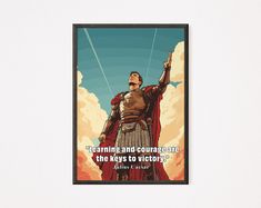 a poster with an image of a man in armor holding his hands up to the sky