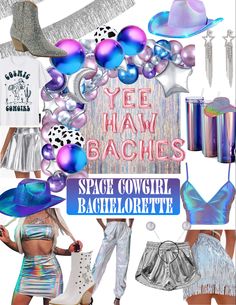 the space cowgirl bachelor bachelorette is wearing all silver and has purple, blue, and pink balloons