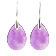 pair of earrings with purple stone in the shape of tears on a white background