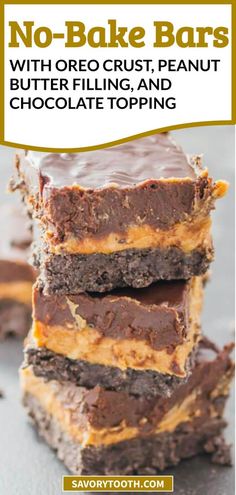 no - bake bars with oreo crust, peanut butter filling and chocolate topping