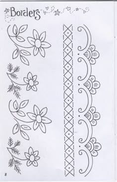 the embroidery pattern for borders is shown in black and white, with flowers on each side