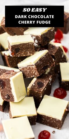 chocolate fudge squares with cherries on the side and text overlay that reads so easy dark chocolate cherry fudge