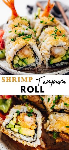 shrimp and avocado roll on a plate with text overlay that reads shrimp tempura roll