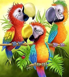 three colorful parrots sitting on top of a branch with leaves and ladybugs