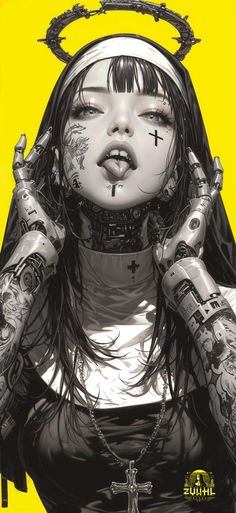 a drawing of a woman with tattoos on her face and hands in front of her face