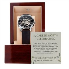 "Retirement Gifts for Men, Retirement Watch from Co-Workers, Retirement Gift for Dad, Retirement Gift for Husband, Retirement Gift for Grandpa, Retirement Gift for Employee, Open Face Skeleton Watch with Leather Band, Retirement Gift from Family, Retirement Keepsake, Retirement Gift for Employee,  Retirement Party Gift, Sentimental Retirement Gift, Retirement Jewelry for Men ⌚Find a Wide Variety of Men's Watches: https://etsy.me/3nSu2XX ❤️ Comes with a  Mahogany Style Luxury Gift Box with LED li Love You Dad, Dad Birthday, Watch Gifts, Skeleton Watch, Wristwatch Men, Message Card, Happy Father, Happy Fathers Day, Gifts For Husband