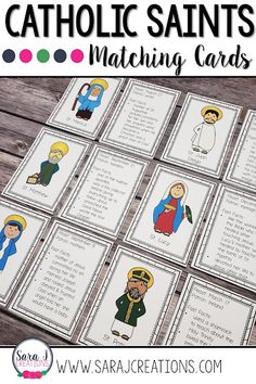 catholic saints matching cards with the text catholic saints matching cards on them, and an image of