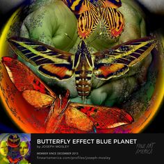 the butterfly effect blue planet is featured in this image, with two butterflies on it's wings