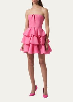 Carolina Herrera Tiered Ruffle Strapless Mini Dress - Bergdorf Goodman Strapless Ruffle Hem Evening Dress, Tiered Ruffle Dress For Gala, Strapless A-line Dress With Ruffles For Party, Elegant Pink Mini Dress With Tiered Skirt, Strapless Ruffled Mini Dress For Gala, Strapless Mini Dress With Ruffles For Gala, Mini Strapless Dress With Ruffles For Gala, Evening Strapless Dress With Ruffles, Chic Evening Tiered Dress