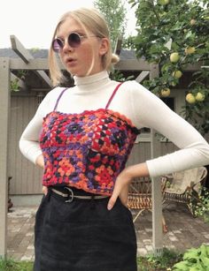 Hand made crochet top💕Good for festivals, holidays and for casual wear.  Fits: S & M 💗Custom orders welcome💗 Fitted Crochet Top With Granny Square For Spring, Fitted Bohemian Hand Knitted Top, Fitted Hand Knitted Bohemian Tops, Casual Red Crochet Top For Festival, Casual Fitted Crochet Top With Granny Square, Fitted Casual Crochet Top With Granny Square, Fitted Hippie Tops With Crochet Trim, Fitted Crochet Lace Hippie Tops, Fitted Crochet Top With Granny Square For Festival