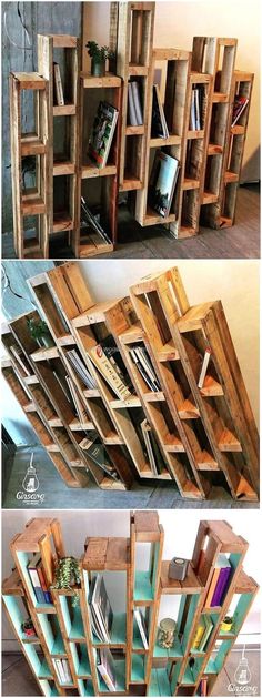 some bookshelves made out of wooden pallets